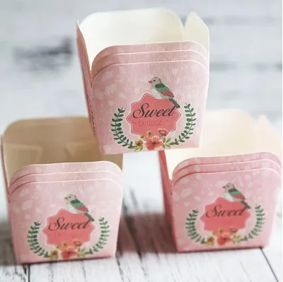 Розовые бумажные стаканчики для выпечки с птицами коробка кексов квадратная