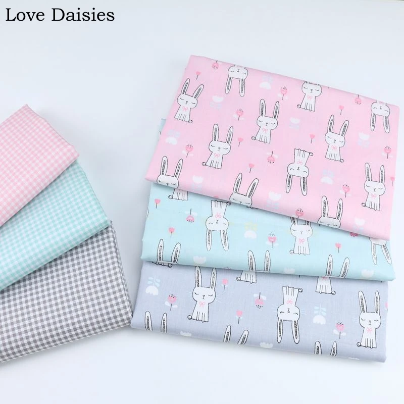 

100% cotton twill cloth GRAY PINK GREEN cartoon RABBIT flowers 3 mm check fabrics for DIY bedding dress cushion handwork decor