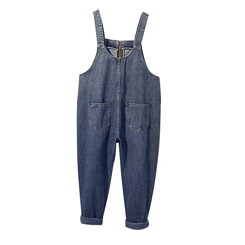 Женский джинсовый комбинезон с высокой талией черный свободный