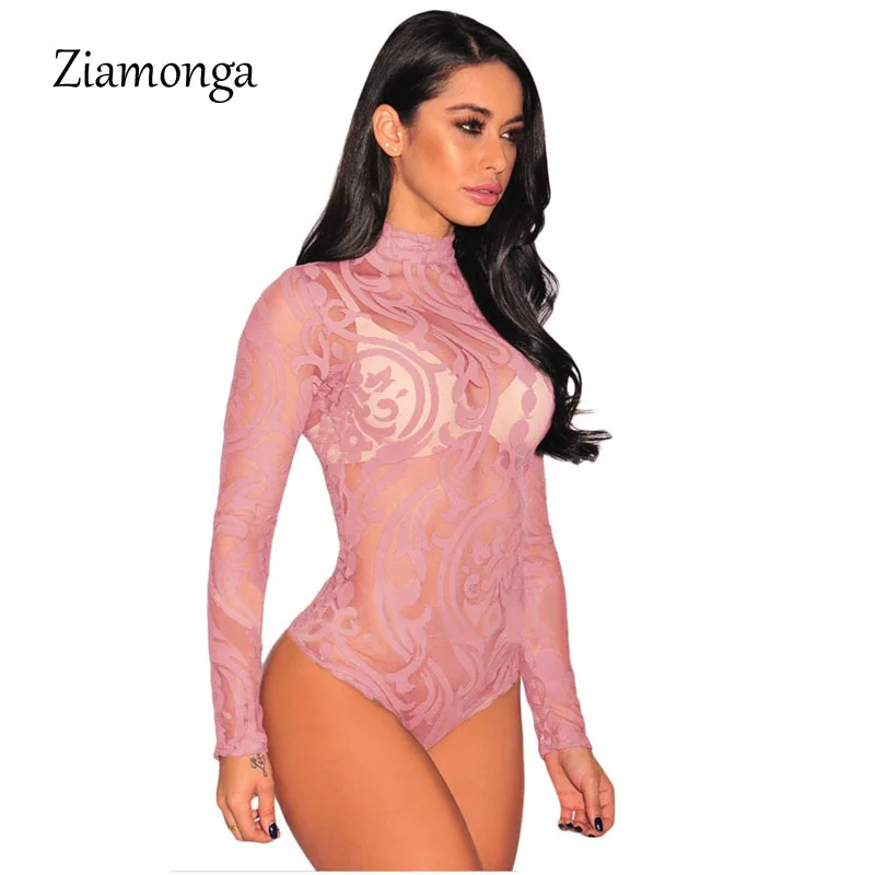 Женское боди с длинным рукавом Ziamonga черное Сетчатое Кружевное принтом и высоким