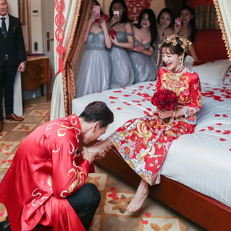 Модные современные китайские свадебные платья Qipao Китайские Восточные платья красные атласные Cheongsam для невесты длинные традиционные женские винтажные