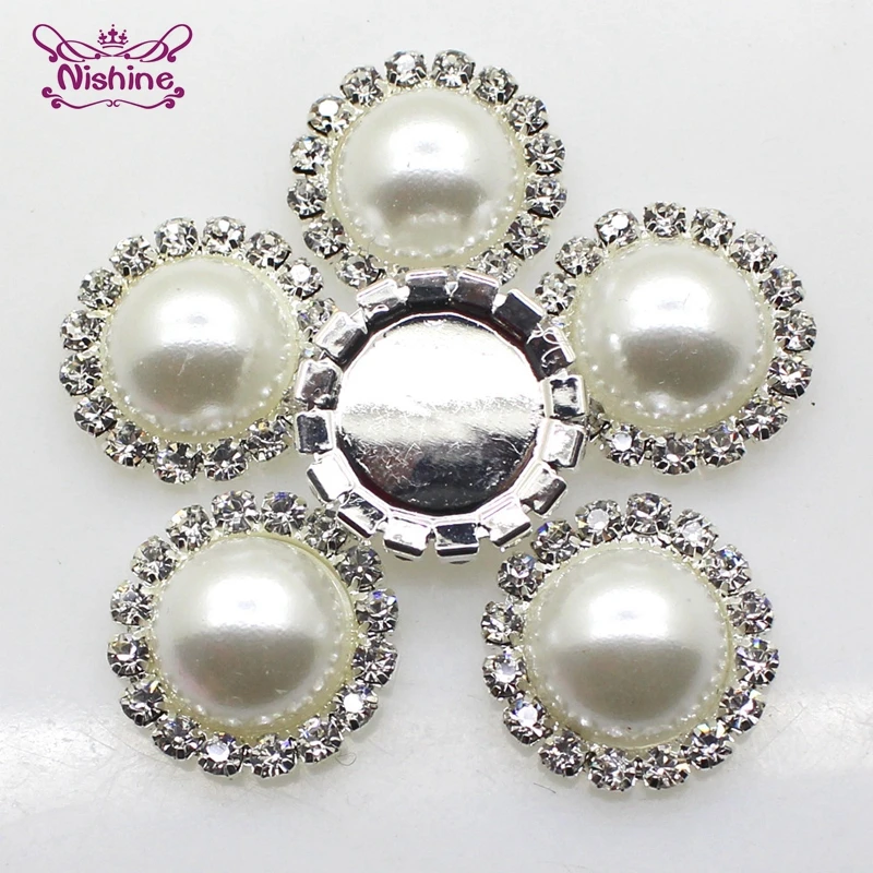 Nishine 10pcs Ivory Pearls Rhinestones Buttons Metal Wedding Invitations Decorate Button Trinket Hair Flower Center Scrapbooking |
