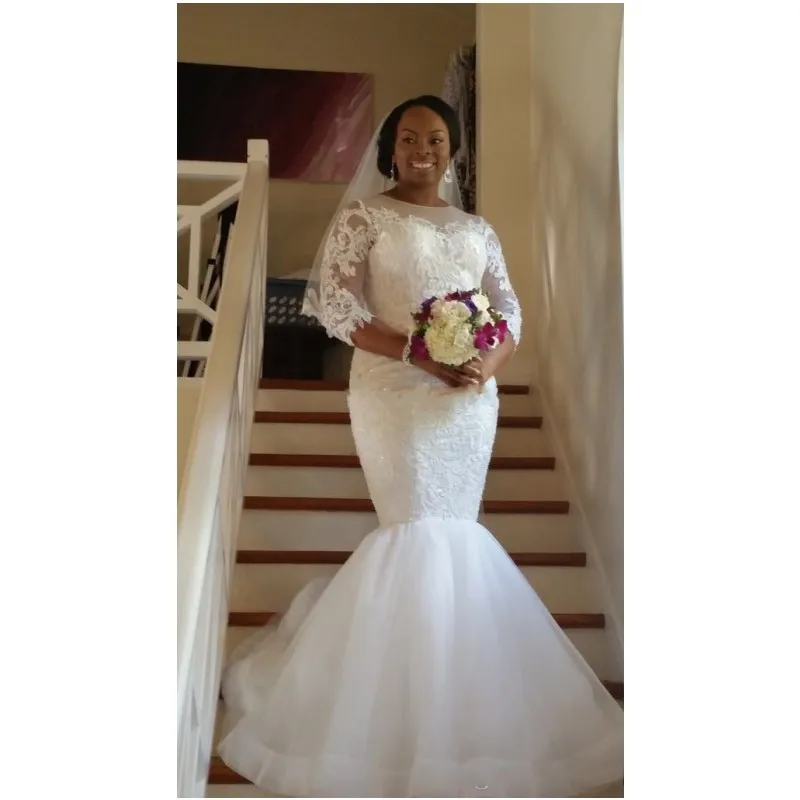 Модные Плюс Размер Свадебные Платья 2017 Половина Рукава Кружева Тюль Русалка