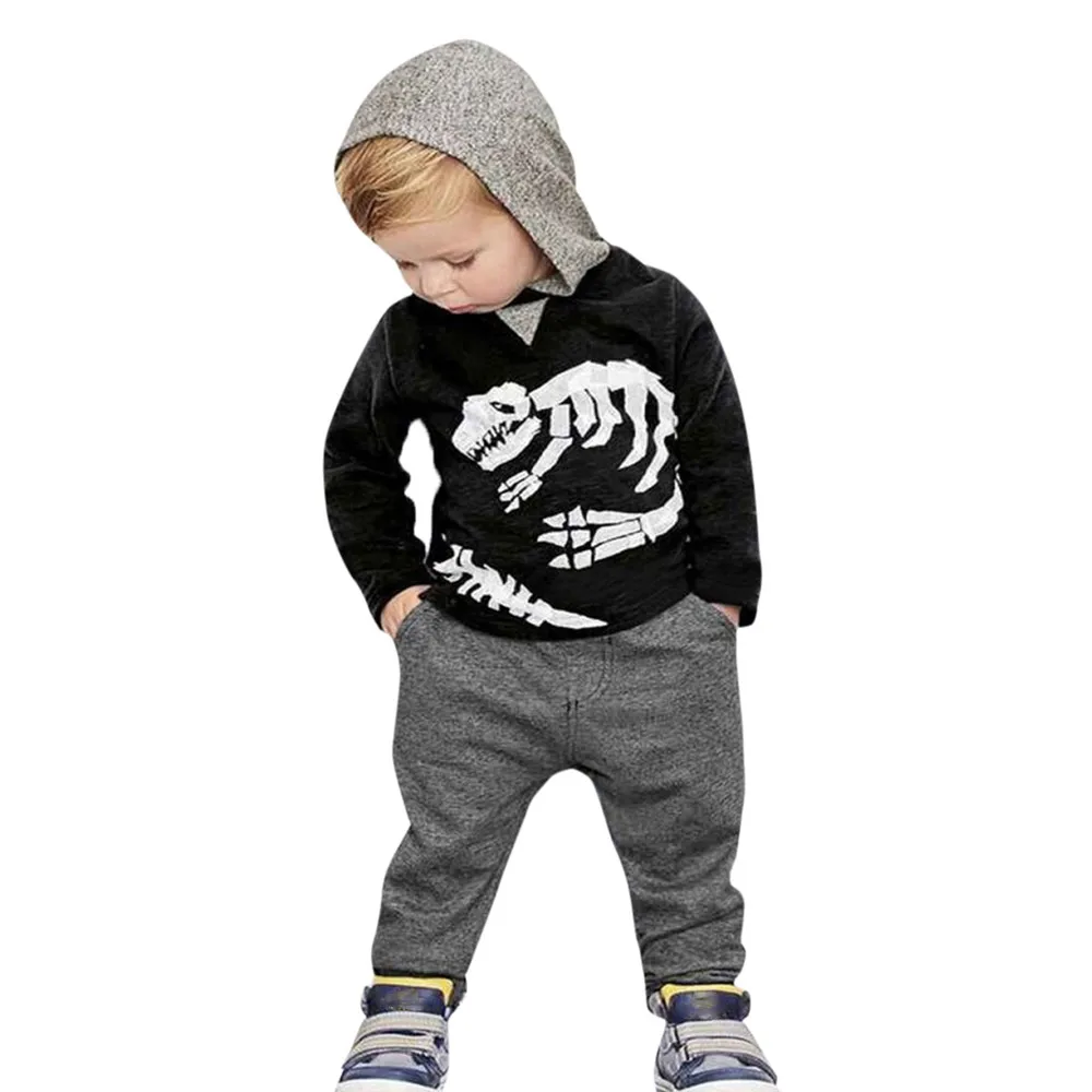 Warm Clothes Hot Selling Children Clothing Infant Toddler Kids Baby Girls Boys Dinosaur Bones Set Hooded Tops+Pants Outfit Boy | Детская