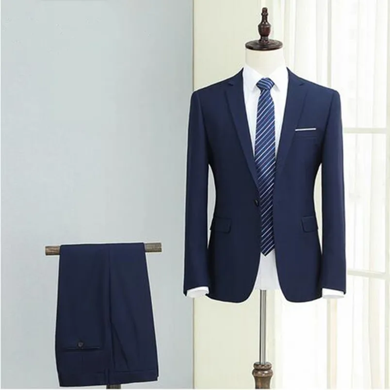 

High Quality Mens Suits Slim Fit Prom Groom Bussiness Party Suit Royal Blue Man Wedding Tuxedos (Jacket+Pant)