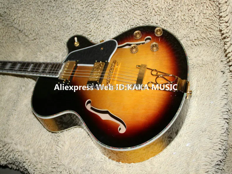 Оптовая продажа гитары Новые Sunburst Полые Джаз Позолоченные элементы abalone переплет
