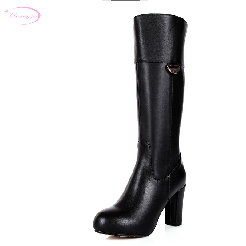 

Качественные кожаные сапоги до колена Chainingyee ручной работы, пикантные сапоги, женские сапоги на высоком каблуке с металлическим украшением ...