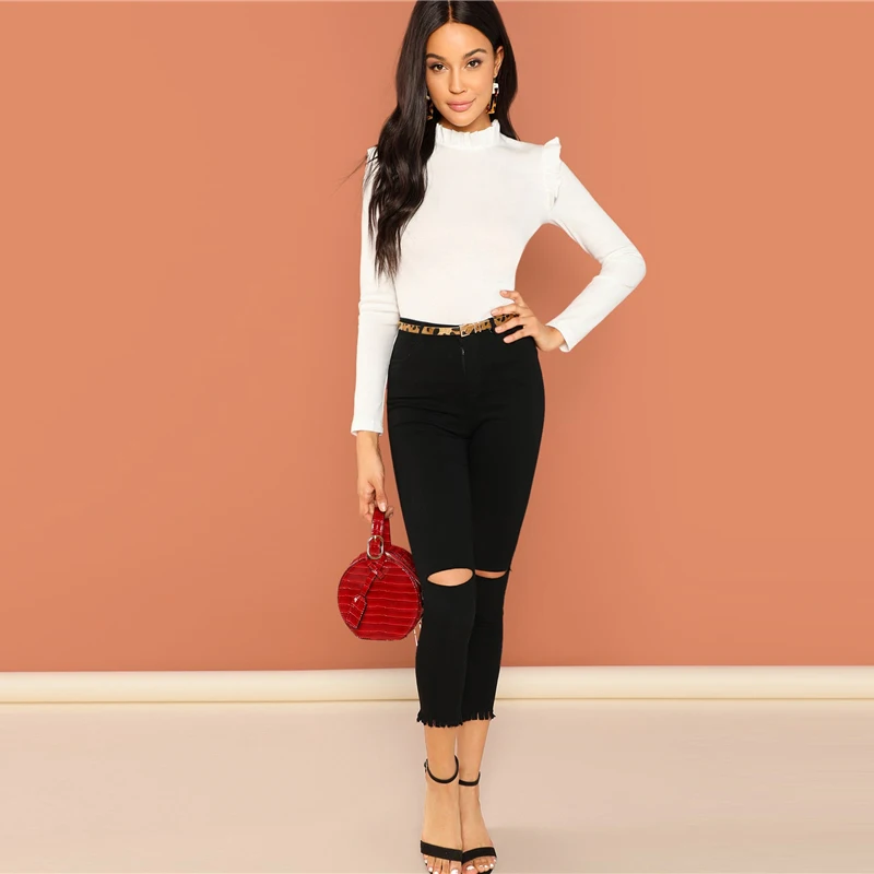 Dotfashion белая футболка с оборкой и длинным рукавом, Женская Повседневная Осенняя Приталенная футболка с воротником-стойкой