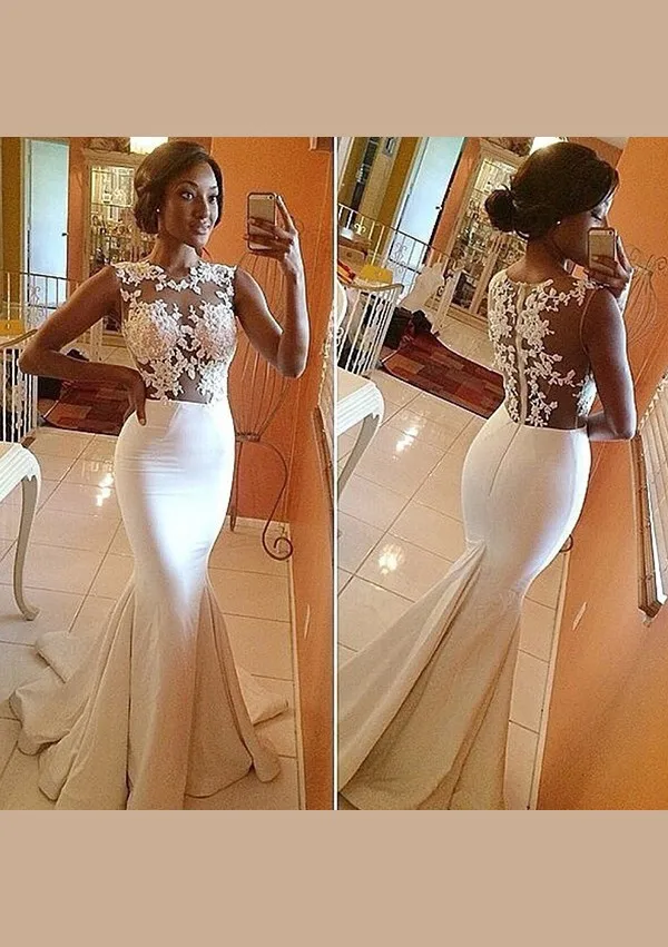 

Elastic Satin Prom Dress Ivory Trumpet/Mermaid Bateau Sweep Train With Appliqued White Lace Evening Gown