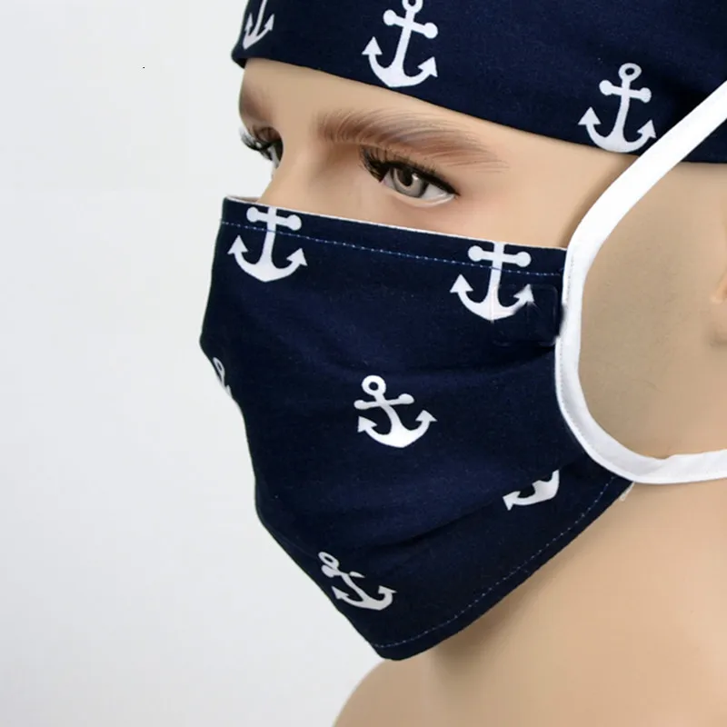 Masks В военно-морском стиле с якорем печатные Медицинские Хирургические Скраб колпачок s шапочка для операционной стоматолога клиника шляпа для домашних животных hispadal доктор салон красоты шляпы маски - Цвет: Masks