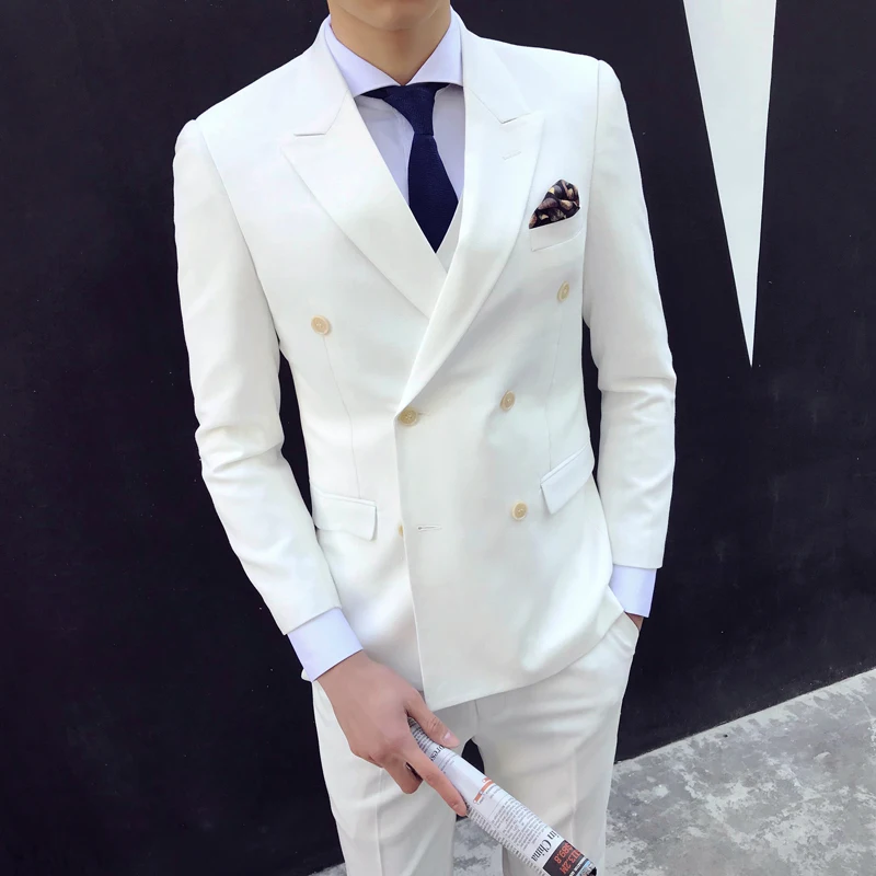 

Double Breasted White Suit 2018 Smoking Dinner Men Tuxedo Banquet Prom Party Suit Costume Mariage Homme Heren Kostuums 3 Pieces