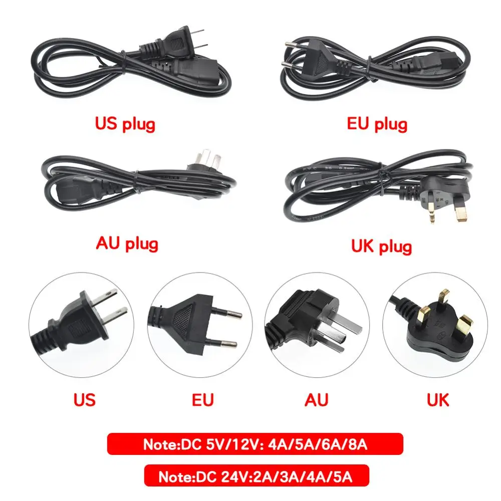 Трансформатор освещения AC110V 220V к DC 5V 12V 24V адаптер питания зарядное устройство 1A 2A 3A 4A 5A 6A 8A источник питания EU US AU UK Plug