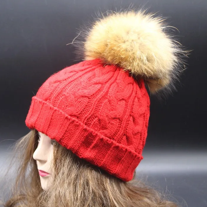Женская шапка Skullies Beanies Зимние шапки для женщин 18 см большой натуральный мех помпон шапка женская твист вязаные шапки