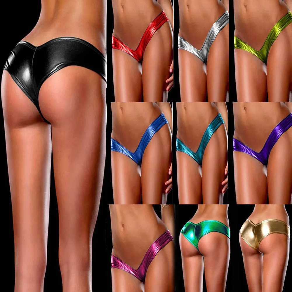 

Sexy Hot Erotic Latex Underwear V Cut Wide Side Metallic Pu Leather Hipster Bikini Scrunch Panty G T String Thong Women Costumes