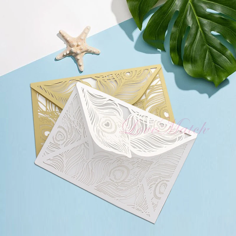 5 шт. лазерная резка для свадьбы приглашения карты рисунок в виде Павлиньего пера