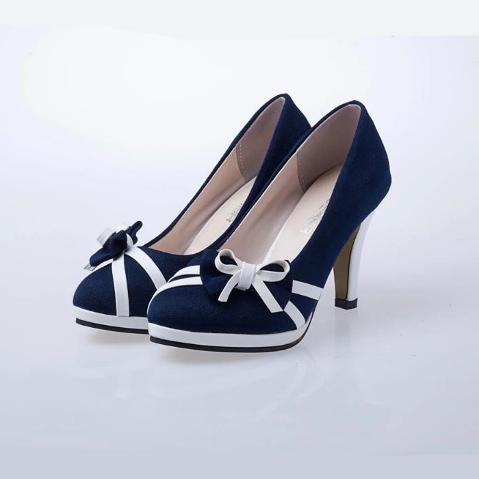Модные женские туфли на высоком каблуке лодочки с круглым носком бантиком