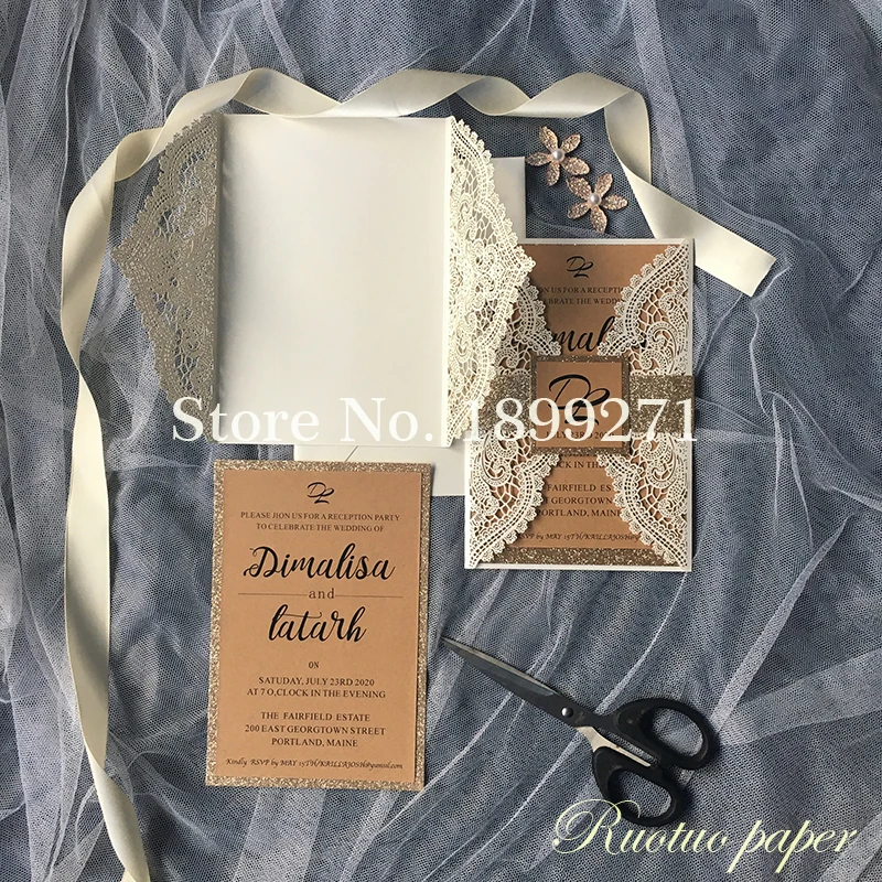 Ivory Lace Laser Cut Wedding Invitations With rose gold gillter ribbon/backgroud Rectangle Wedding Die Cut Laser Cut Traditional