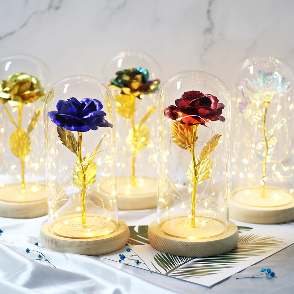 Горячая Красавица и Чудовище позолоченная красная роза со светодиодной