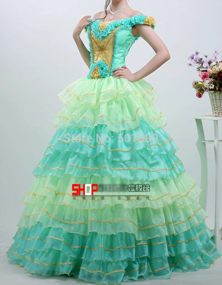 

100% real light green multi layers ruffles beading medieval dress Renaissance Gown queen cosplay Victorian /Marie Belle Ball