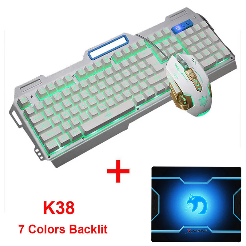 White Silver 7 Color 104 клавиш, K-38, проводной, Радужный, светодиодный, с подсветкой, металлический, эргономичный, Usb, игровая клавиатура, мышь, комбо+ 3200 dpi, оптическая геймерская мышь+ коврик для мыши - Цвет: White Silver 7 Color