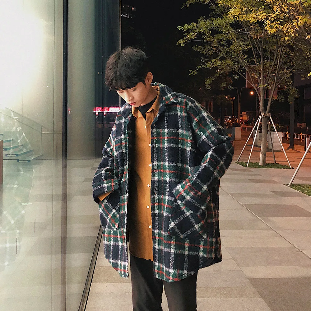 2019 Men's Fashion Trench Wool Blend Lattice Overcoat Loose Casual Grey/Green Cotton-padded Clothes Woolen Cashmere Coat M-2XL | Мужская