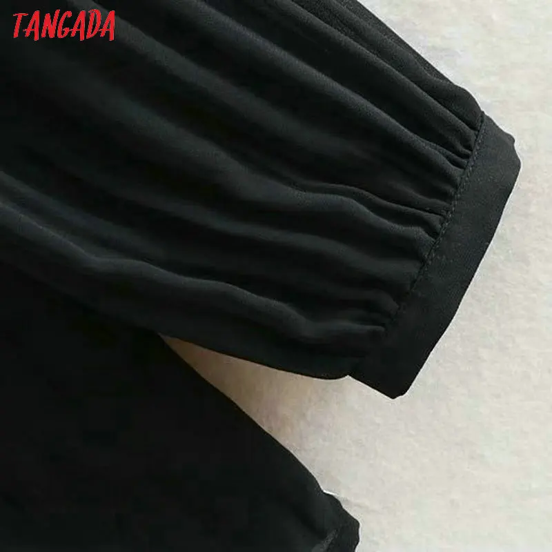 Tangada Женская Элегантная черная шифоновая блузка Офисная Женская О-образный вырез плиссированные рубашки с длинным рукавом женские шикарные топы LY01