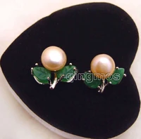 7 8mm pink flat round natural freshwater pearl with carved green beads leaf earring ear474 wholesaleretail free shipping