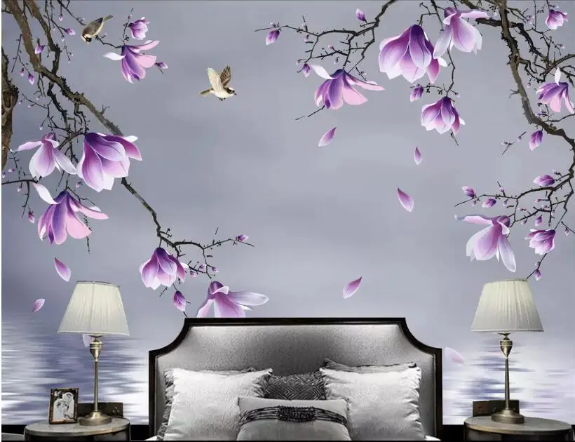 

Custom Purple Flower Photo Wallpaper HD Hand Painted Magnolia Birds Wall Mural for Living Room Bedroom Floral 3d Wallpapers