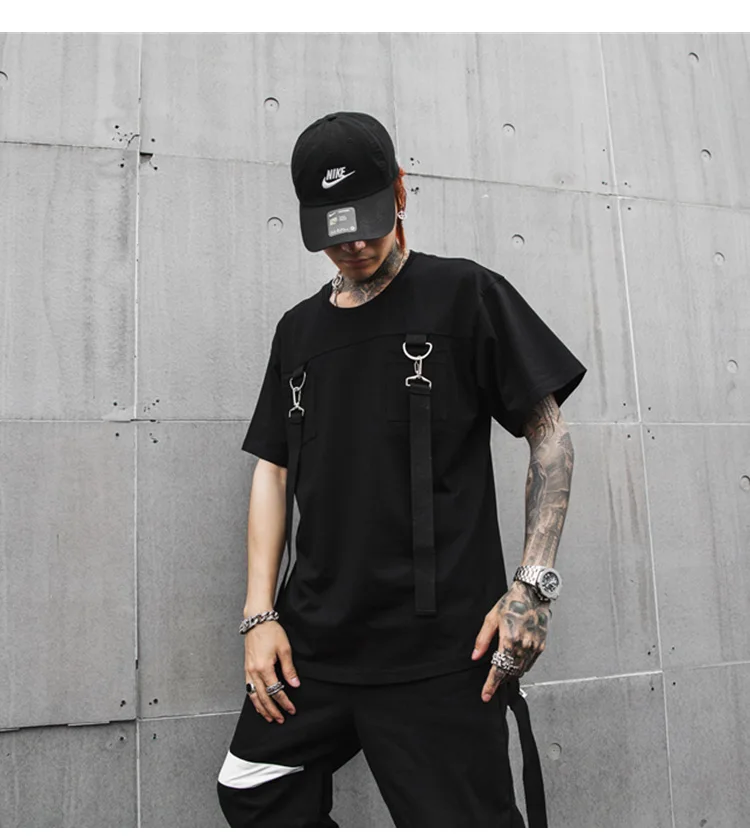 

Summer new round collar ribbon decoration short sleeve men tshirt black leisure hip hop streetwear homme tee shirts