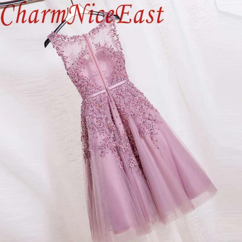 Розовые кружевные Короткие вечерние платья с вышивкой и бисером открытой спиной