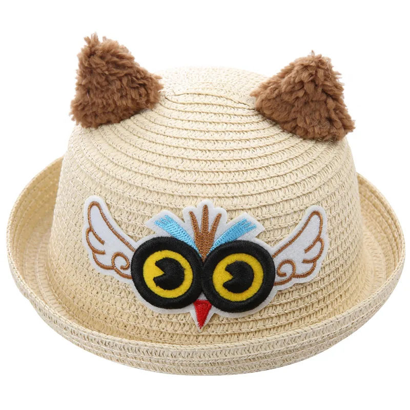 beige bird Детские шляпы, летние Панамы для девочек, милые соломенные кепки с рисунком котенка для мальчиков, детские шляпы в стиле хип-хоп с изображением милого медведя для девочек - Цвет: beige bird