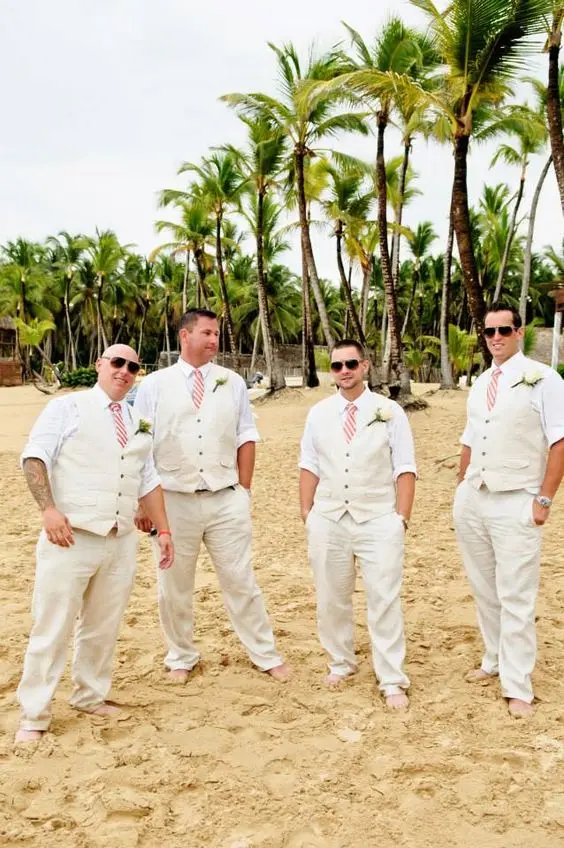 

Новейший дизайн пальто и брюк, бежевый льняной пляжный костюм для шафера, мужской облегающий костюм из 2 предметов, индивидуальный свадебны...