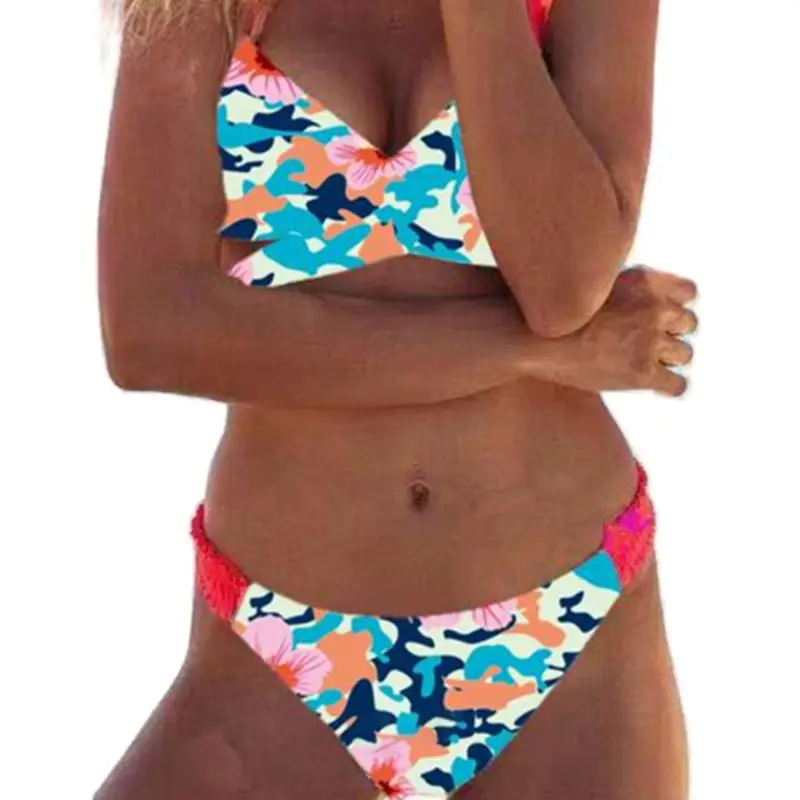Women Sexy Two Piece Set Deep V-Neck Wrap Front Lace Up Bra Low Waist Ruched Waistband Thong Bohemian Floral Swimsuit - Цвет: 3