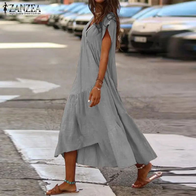 Fashion Tunic Midi Dress Women's Summer Sundress ZANZEA Sexy V Neck Asymmetrical Vestidos Female Plus Size Ruffle Robe