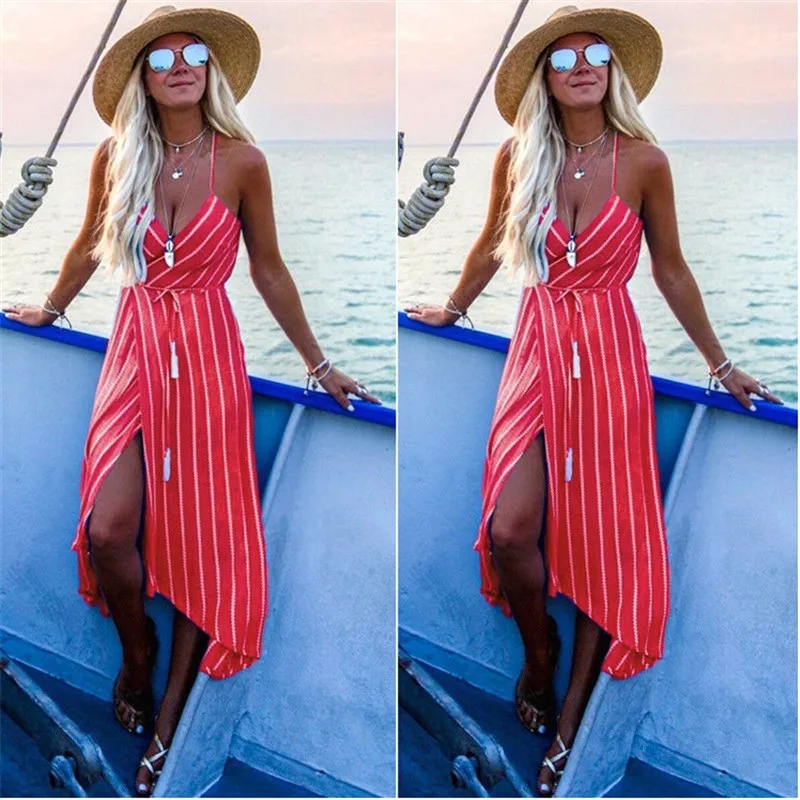 Bohemian V-Neck Split High Waist Asymmetrical Strap Sexy Striped Party Dresses Casual Beach Summer Dress Women VestidosO90 | Женская