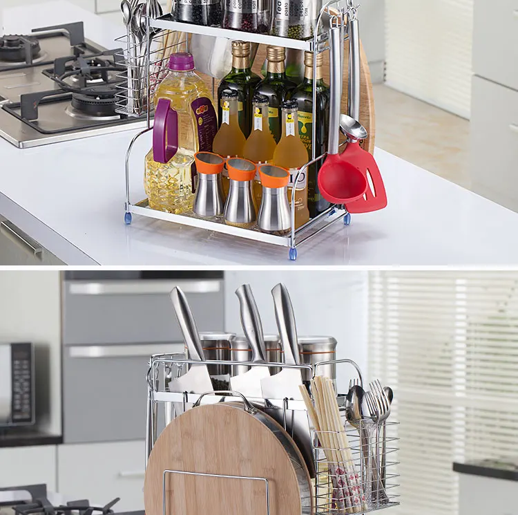 Kitchen shelf vertical metal 2 layer seasoning rack knife stand chopsticks spoon scoop rack tableware rack LU4193