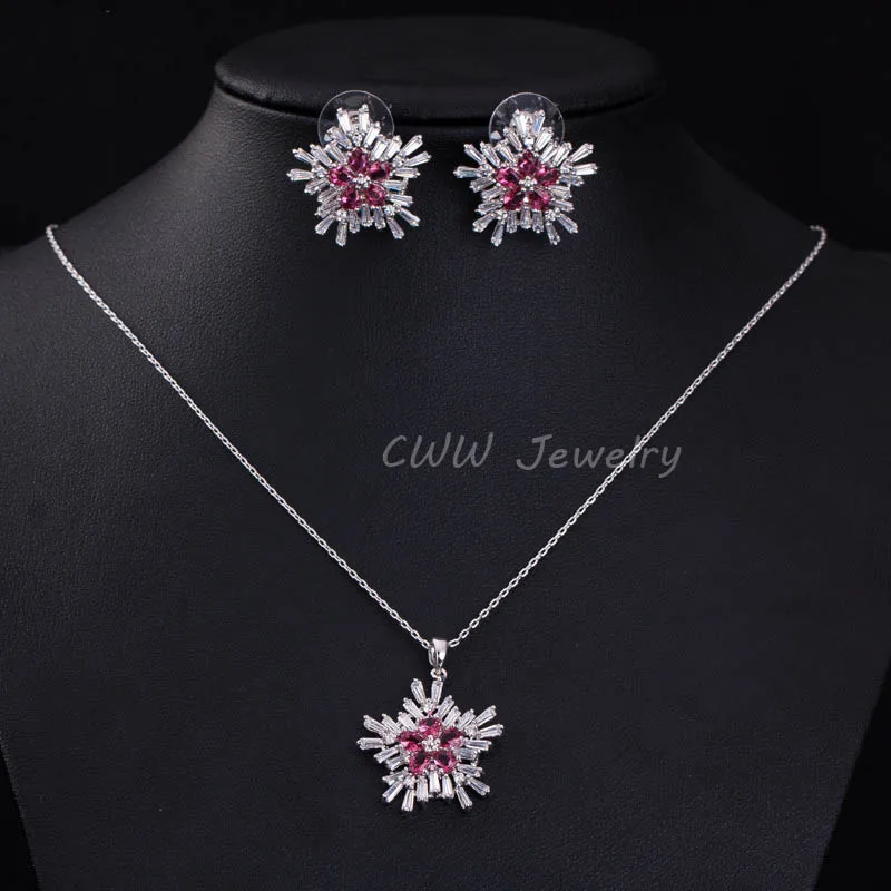 red CWWZircons Брендовые женские модные ювелирные наборы AAA+ кубический цирконий цветок кулон ожерелье серьги набор для женщин T208 - Окраска металла: red
