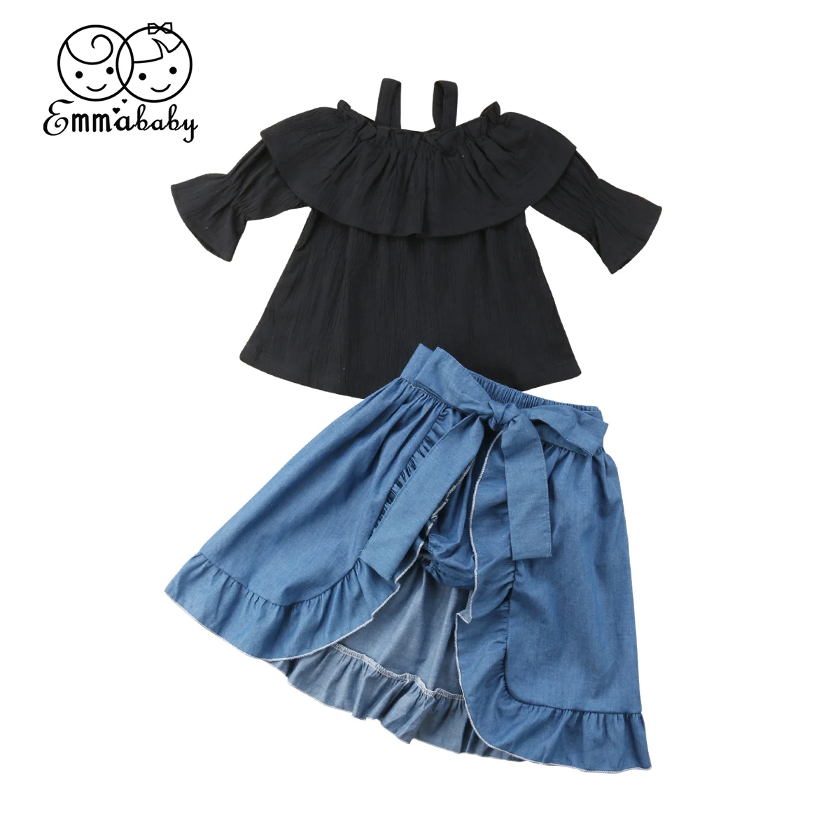 2018 Sweet 3Pcs Kids Baby Girl Black Off Shoulder Tops T-shirt +Ruffles Shorts Skirt Clothes Outfits 1-6Y | Детская одежда и обувь