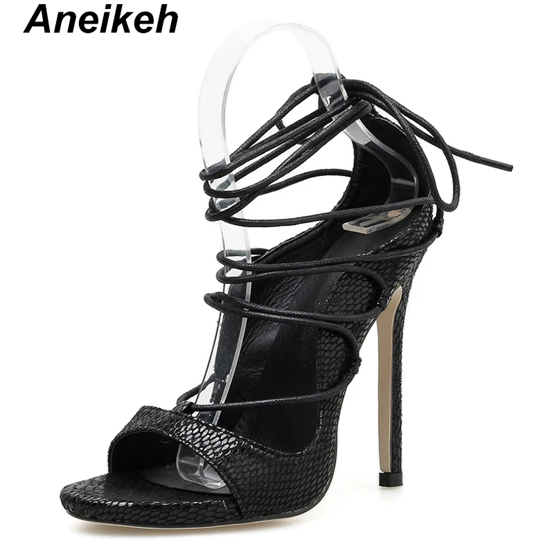 Aneikeh/ г. Однотонные босоножки из PU искусственной кожи для зрелых женщин женские свадебные вечерние туфли на высоком тонком каблуке со шнуровкой, с круглым носком, черного и красного цвета, размеры 35-40