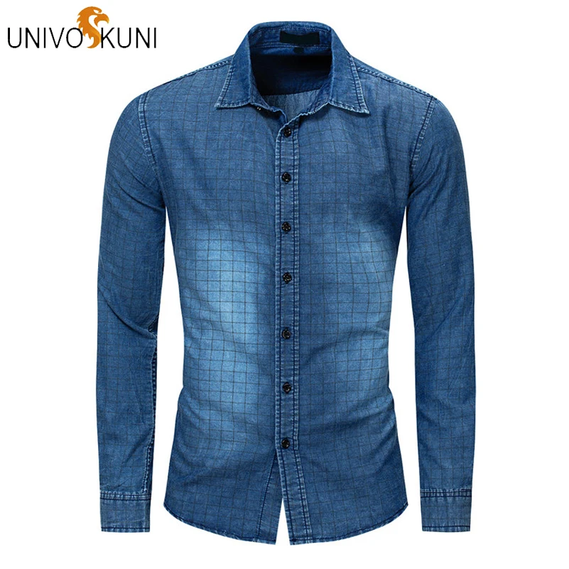 UNIVOS KUNI новинка 2019 мужские джинсовые рубашки повседневные клетчатые Camisa Homens 100%