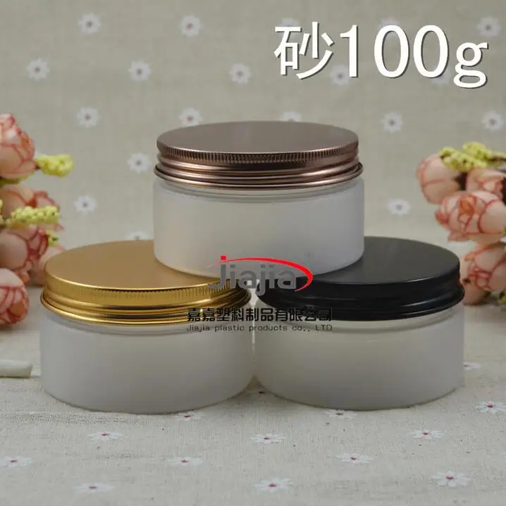 Free shipping:  100g Aluminum Cap Frost Jar PET Cosmetic Packaging with black/gold/bronze lid,100ml Cream Container, thin base