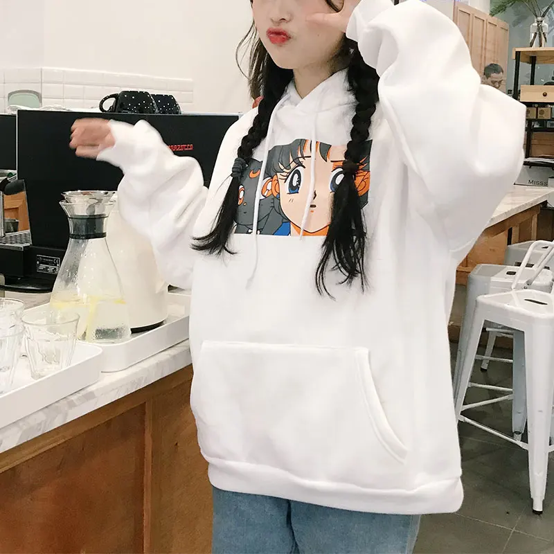 Harajuku Kawaii Сейлор Мун Толстовки Для женщин передний карман с рисунком капюшоном