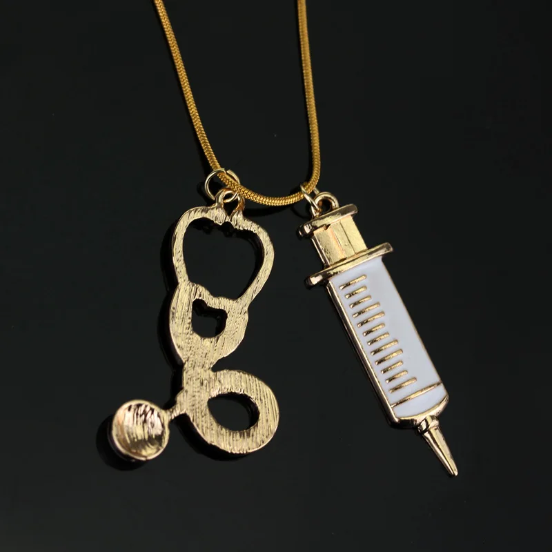 

SC HOT SELL Medical Stethoscope Syringe Necklaces for Murse/Doctor Heart Collar Chain Necklace Women Jewelry