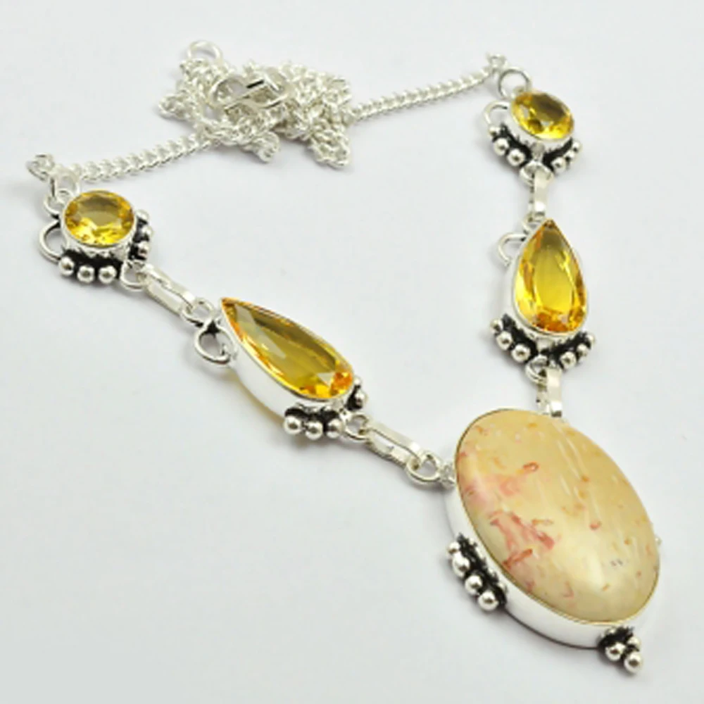 Fosil Коралл & цитрин ожерелье серебряное покрытие над медью 48 5 см N2479|Ожерелья с