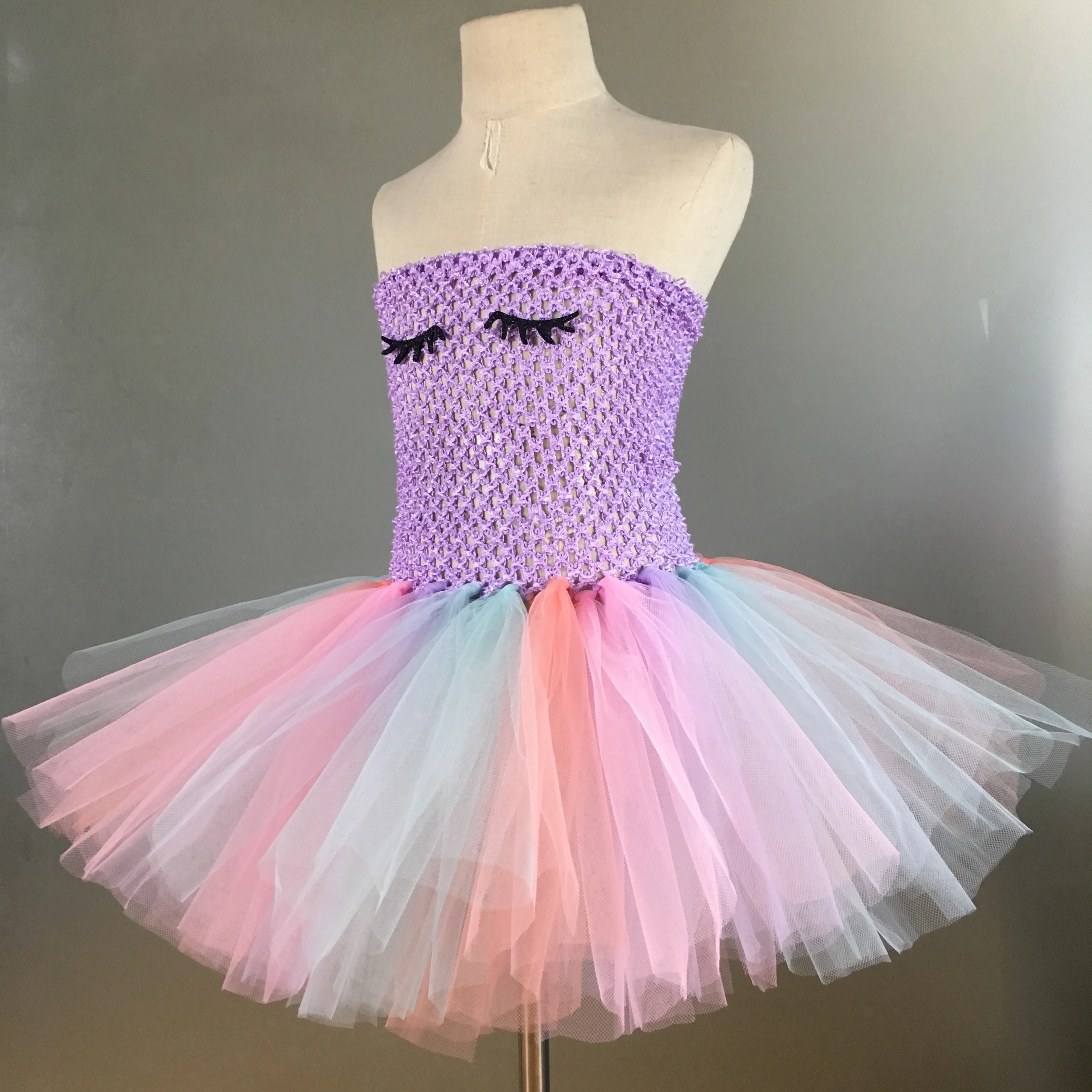 Girls Pastel Unicorn Tutu Dress Kids Crochet Corset Tulle with Flower Hairbow Set Children Cosplay Party Costume Dresses | Детская