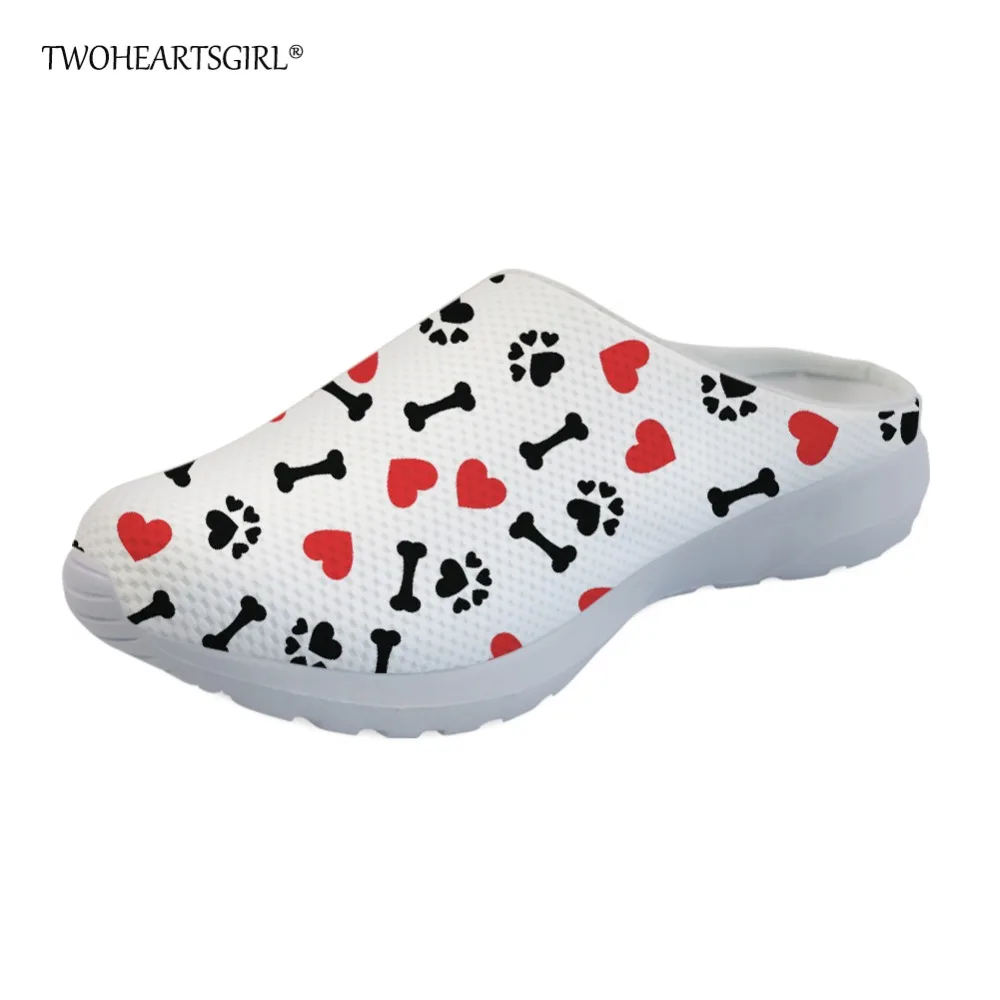 

Twoheartsgirl White Heart Pattern Dog Paws Print Mesh Slippers for Women Casual Breathable Female Ladies House Shoes Sandals