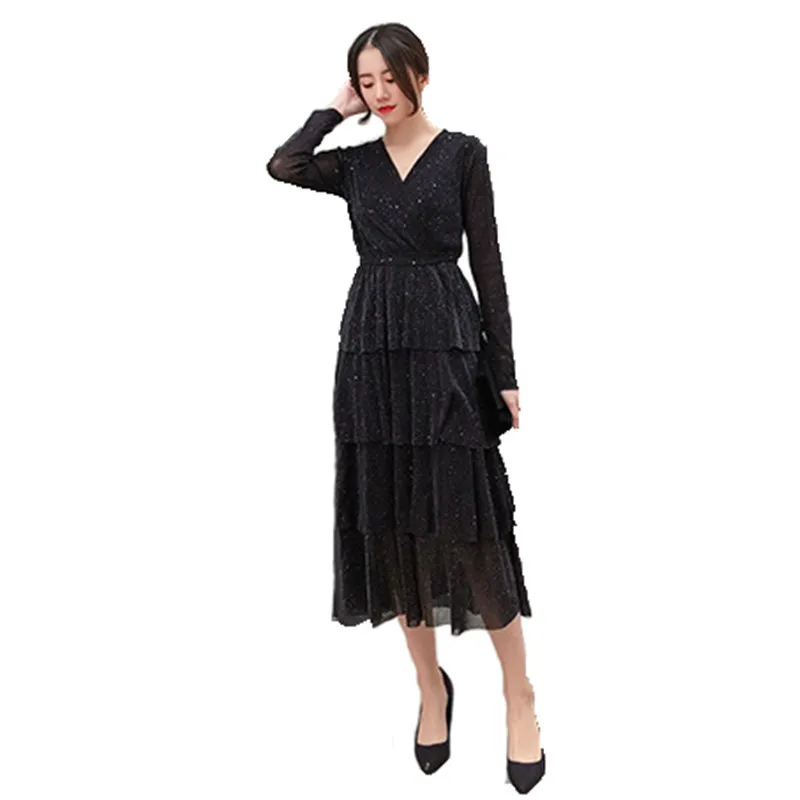 Вечерние платье для женщин черный 2019 на осень зиму Новинка в Корейском стиле