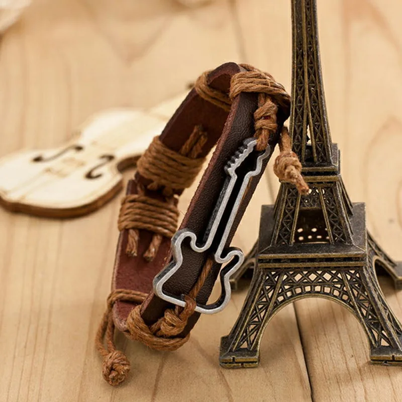 Браслеты из натуральной кожи полый Шарм в виде гитары браслет для женщин и мужчин