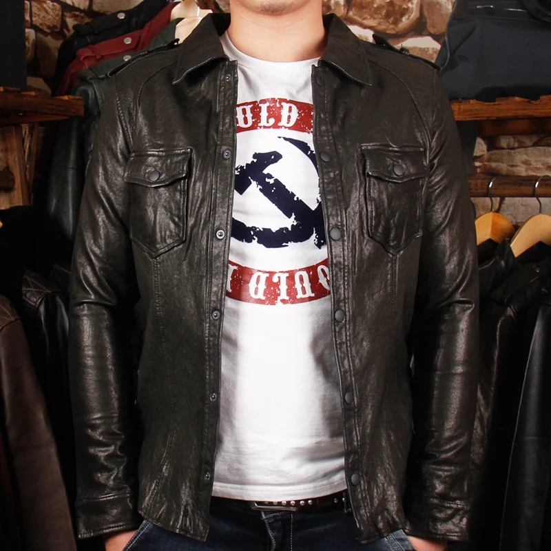 

Men Folding Water Washing Sheepskin Leather Jacket Short Slim Motorcycle Men Leather Clothing