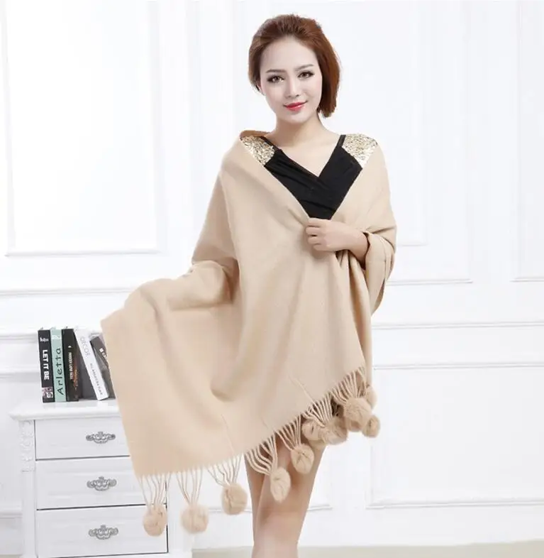 Beige IANLAN, повседневный однотонный шарф-накидка для женщин, женские шали из шерсти с натуральным кроличьим мехом, Свадебные шали IL00024 - Цвет: Beige